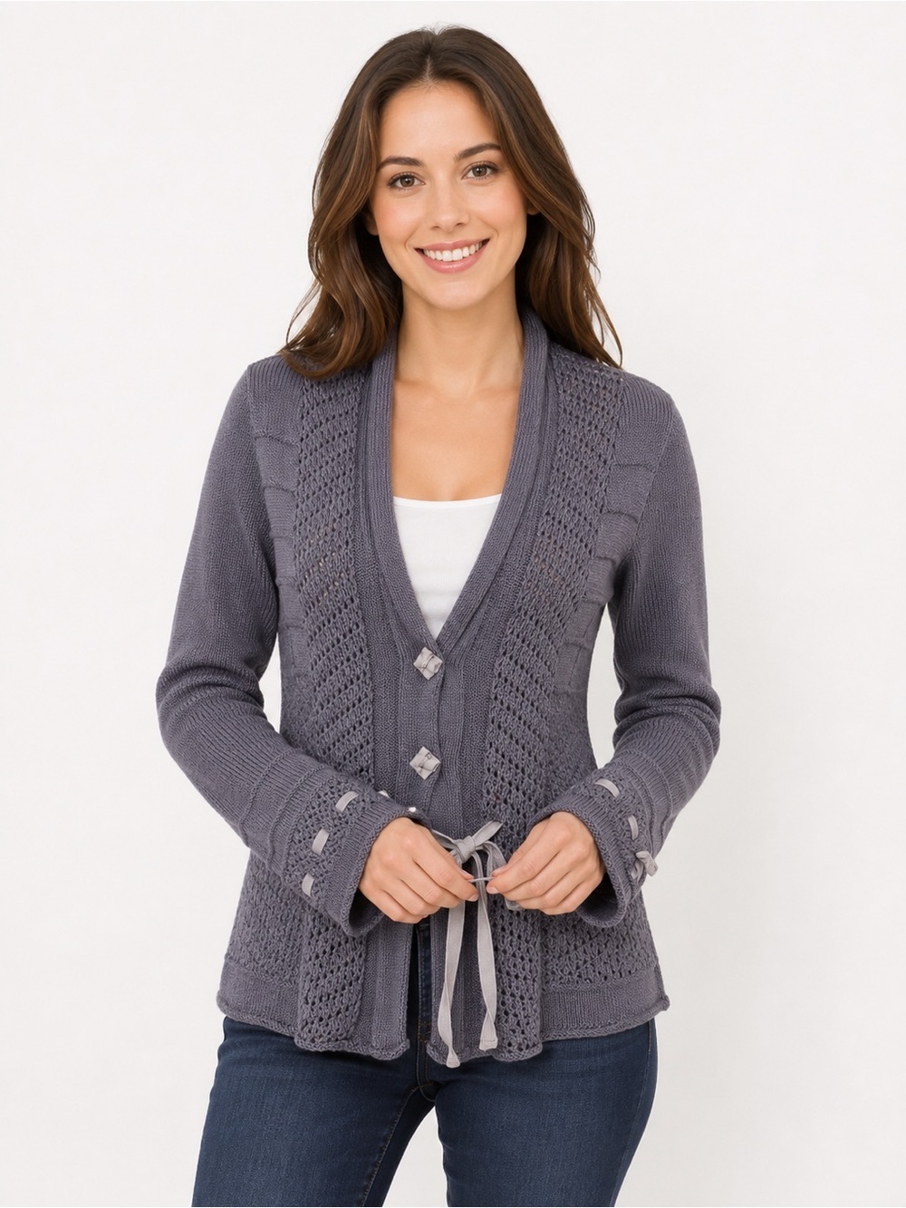 100% Wool Cardigan, Lavender Purple, Ribbon details, Size Large